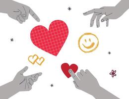 A minimalistic illustration showing several hands interacting with hearts and a smiley face. A symbol of various dating goals relationships, connection, friendship. vector