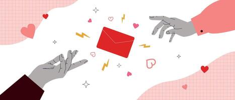 Two hands stretched out to each other, and a red envelope flying between them. A metaphor for love, excitement, and connection. The illustration is suitable for Valentine's Day, romantic designs. vector