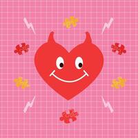 Playful illustration of a red heart with devil horns and a wide smile surrounded by puzzle pieces and lightning bolts. A symbol of love and passion. Perfect for a fun romantic design. vector