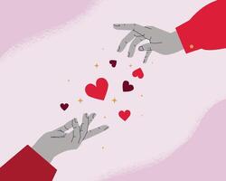Two hands reaching for each other, surrounded by floating hearts. The concept of love, connection and togetherness. An illustration for Valentine's Day, wedding invitations or a romantic card. vector