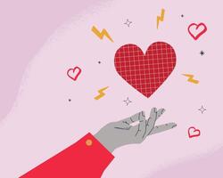 A minimalistic illustration depicting a hand and a heart with lightning bolts above it. Simple abstract design for social media and Valentine's day celebrations. The symbol of the love offering. vector