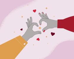 The two hands reach out to each other, forming a heart shape with their fingers. A symbol of love, connection and togetherness. Perfect for Valentine's Day design. vector