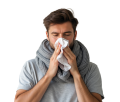 Man blowing his nose into a tissue, wearing a gray scarf and light shirt, isolated against a transparent background, concept of cold or flu png
