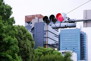 traffic light showing red signal against overcast blue sky in Tokyo, Japan photo