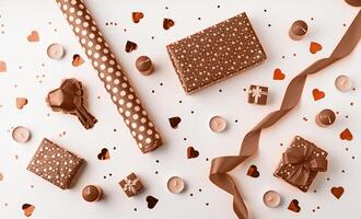 Mocha Mousse - color of the year 2025. top view of valentines day pattern on white background photo