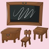 Classroom object illustration. Wooden table, chair and blackboard. vector