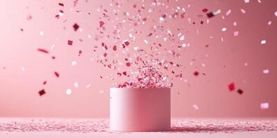 pink gift box on pink background , minimal style. photo