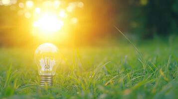 close up lightbulb on green grass with sunset and bokeh background. photo