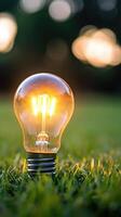 close up lightbulb on green grass with sunset and bokeh background. photo
