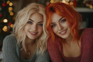 sisters with bright hair sitting smiling wide on Christmas table. photo