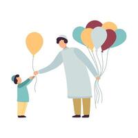 musulmán padre y su hijo, contento árabe familia en tradicional ropa ilustración en blanco antecedentes. vector