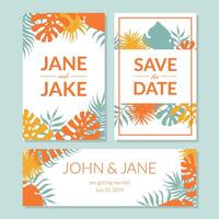 Save the Date, Elegant Wedding Invitation Templates Set with Exotic Summer Tropical Leaves, Frames with Space for Text Illustration vector