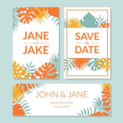 Save the Date, Elegant Wedding Invitation Templates Set with Exotic Summer Tropical Leaves, Frames with Space for Text Illustration