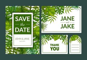 Save the Date, Elegant Wedding Invitation Templates Set, Thank You, Rsvp Cards with Green Exotic Tropical Leaves, Frame with Space for Text Illustration vector