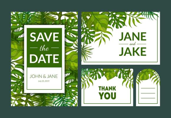 Save the Date, Elegant Wedding Invitation Templates Set, Thank You, Rsvp Cards with Green Exotic Tropical Leaves, Frame with Space for Text Illustration