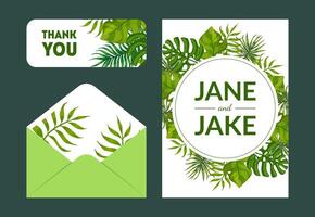 Save the Date, Elegant Wedding Invitation Templates Set, Thank You, Rsvp Cards and Envelope with Green Exotic Tropical Leaves, Frame with Space for Text Illustration vector