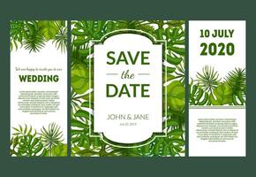 Save the Date, Elegant Wedding Invitation Templates Set with Green Exotic Tropical Leaves, Frames with Space for Text Illustration vector