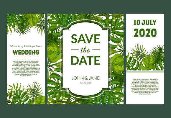 Save the Date, Elegant Wedding Invitation Templates Set with Green Exotic Tropical Leaves, Frames with Space for Text Illustration