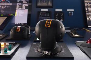 Ship control panel. Navigational devices and echolocation and radar monitors. photo