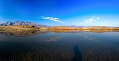 Lake in Altai Mountains. Panorama of the Altai landscape in the mountains. The time of year is autumn. photo