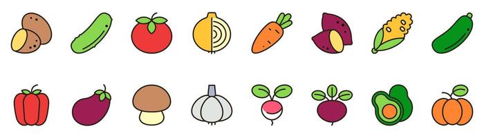 Set of color icons of vegetables with outline. Collection of icons of linear vegetables in color. Graphic elements of linear design. Healthy food, organic products, agricultural harvest. vector