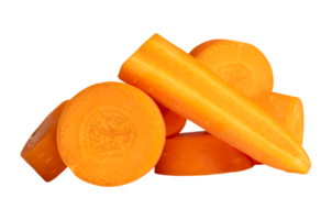 Orange carrot slices or pieces in stack isolated with clipping path in file format png
