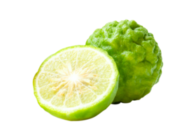 One fresh green bergamot fruit or kaffir lime with half in stack isolated with clipping path in file format png