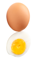 Raw brown chicken egg and peeled cooked or boiled egg with egg yolk in half isolated with clipping path in file format Top view photo png