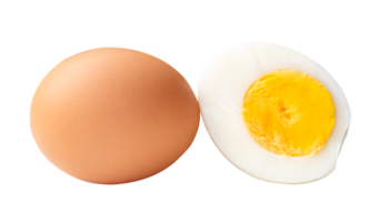 Raw chicken egg and peeled cooked or boiled egg with egg yolk in half isolated with clipping path in file format png