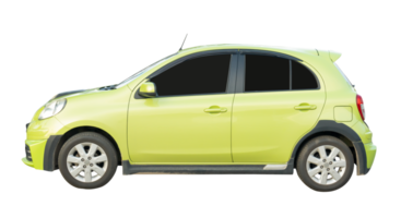 Side view of mini or small light green hatchback car isolated with clipping path in file format png