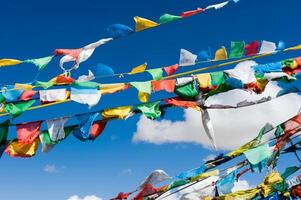 Colored rags on rope in Tibet. Rituals and beliefs. photo