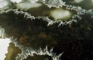 Ice and snow on the river. Melting snow in spring on the reservoir. photo