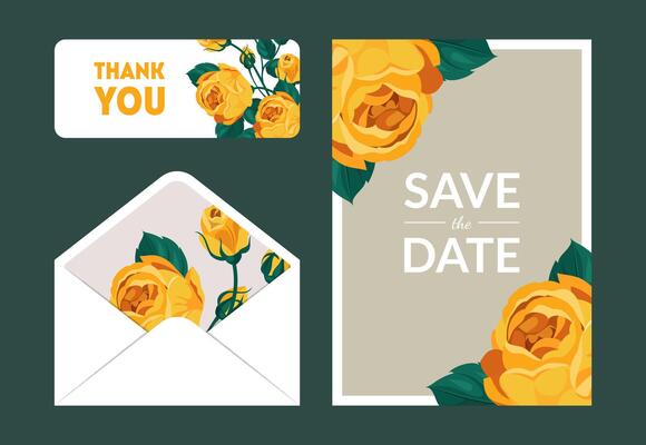 Save the Date, Holiday, Wedding Invitation Templates Set, Thank You, Rsvp, Floral Cards and Envelope with Elegant Yellow Rose Flowers, Frame with Space for Text Illustration