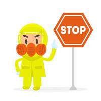 Man in Yellow Protective Costume and Gas Mask Standing with Red Stop Sign Illustration vector