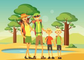 Happy Family Traveling and Sightseeing, Smiling Mother, Father and Their Two Sons Posing on Savannah Background Illustration vector