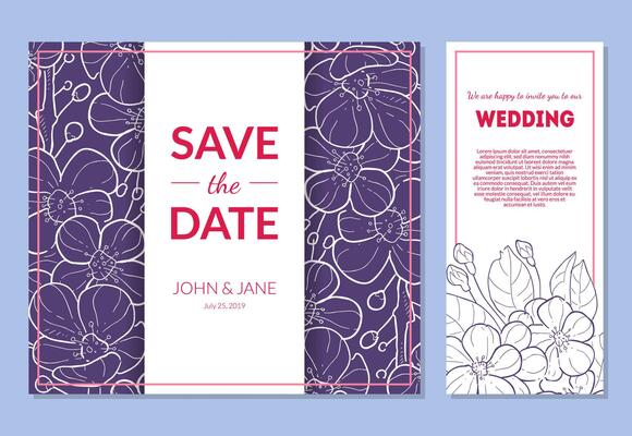 Save the Date Wedding Invitation Templates Set, Thank You, Rsvp Elegant Card with Hand Drawn Flowers and Space for Text Illustration