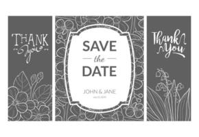 Save the Date Wedding Invitation Templates Set, Thank You, Rsvp Card with Hand Drawn Flowers and Space for Text Monochrome Illustration vector