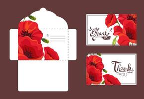 Save the Date, Holiday, Wedding Invitation Templates Set, Thank You, Rsvp, Floral Cards and Envelope with Elegant Red Poppy Flowers, Frame with Space for Text Illustration vector
