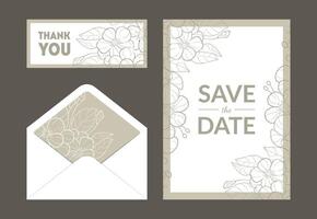 Save the Date Wedding Invitation Templates Set, Thank You, Rsvp Floral Card and Envelope with Hand Drawn Flowers, Frame with Space for Text Illustration vector