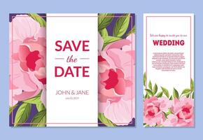 Save the Date, Wedding Invitation Templates Set, Floral Card with Elegant Pink Peony Flowers, Frame with Space for Text Illustration vector