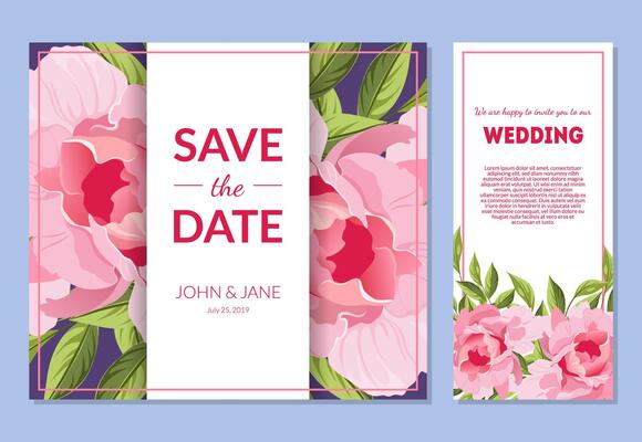 Save the Date, Wedding Invitation Templates Set, Floral Card with Elegant Pink Peony Flowers, Frame with Space for Text Illustration