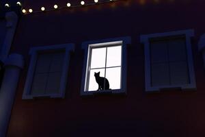 un silueta de un gato sentado en un ventana a noche, creando un sereno y acogedor atmósfera foto