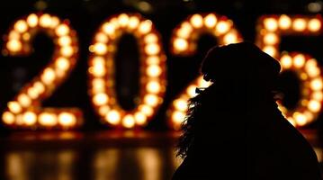 A striking silhouette is set against the bright, illuminated numbers for the year 2025 photo