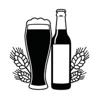 Silhouette of Beer bottle and glass with wheat hops vector