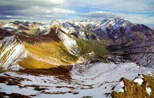 Mount Sayan in winter in snow. The nature of the mountains is sayan. photo