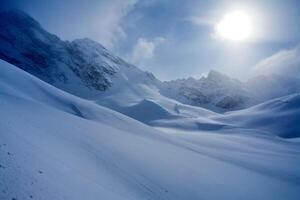 Baikal mountains in winter in snow. Forest in snow covered mountains. photo