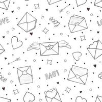 Seamless pattern with hearts and envelopes. Valentines day background with love letters for wrapping, textile, linen, nursery. Doodle envelopes, red hearts, arrows vector