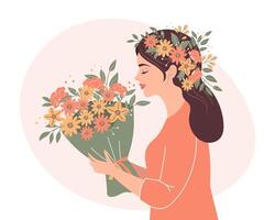 Woman with a bouquet of spring flowers. Mothers Day or womens Day concept. Holiday illustration in flat style. vector