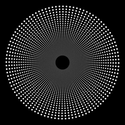 White round pattern of lines and dots arranged in a circle on a black background