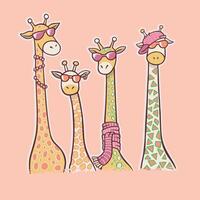 Meet the most elegant giraffes of the savannah, parading in style with their fashionable and charming outfits, in a cartoon style adventure, full of glamour and fun. vector